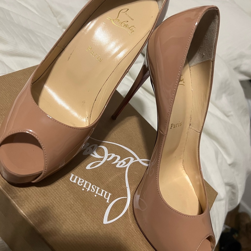 Christian Louboutin Tan Stiletto Peep Toe Heels